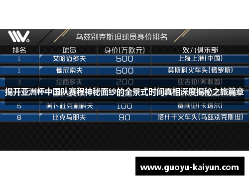 揭开亚洲杯中国队赛程神秘面纱的全景式时间真相深度揭秘之旅篇章