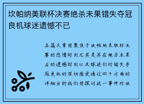 坎帕纳美联杯决赛绝杀未果错失夺冠良机球迷遗憾不已